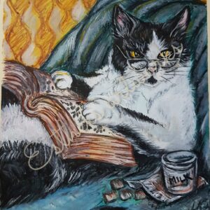 8" x 10" oil pastel on 270gsm paper. Cat reading book