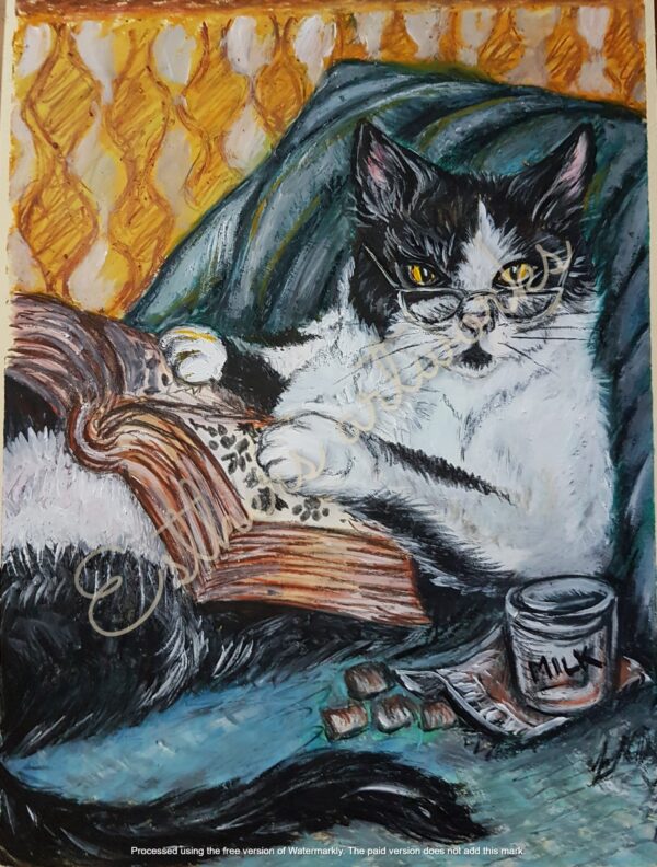 8" x 10" oil pastel on 270gsm paper. Cat reading book